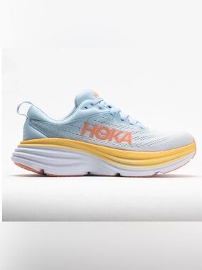 Hoka BONDI 8 Women’s Running Shoe in Light Blue and Yellow, Coral Logo, Size 8